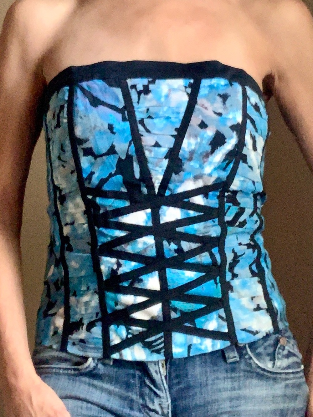 bebe Blue Strapless Lace-Up Corset Camisole